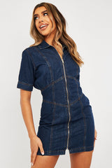Dark Blue Zip Front Collar Denim Mini Dress - Esabella