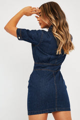 Dark Blue Zip Front Collar Denim Mini Dress - Esabella