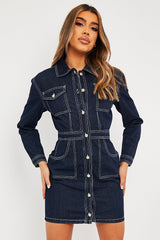 Dark Blue Long Sleeve Denim Mini Dress - Connie