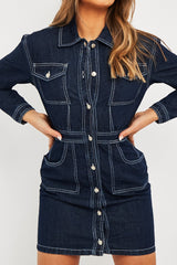 Dark Blue Long Sleeve Denim Mini Dress - Connie