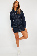 Dark Blue Long Sleeve Denim Mini Dress - Connie