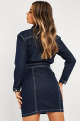 Dark Blue Long Sleeve Denim Mini Dress - Connie