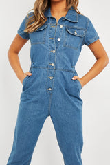 Blue Denim Button Front Boiler Jumpsuit - Kashia