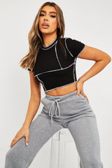 Black Contrast Stitch Cropped Top - Elna