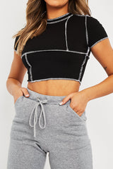Black Contrast Stitch Cropped Top - Elna