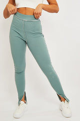 Sage Contrast Stitch Split Hem Leggings - Ria