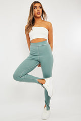 Sage Contrast Stitch Split Hem Leggings - Ria