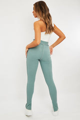 Sage Contrast Stitch Split Hem Leggings - Ria