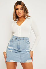 White Plunge Button Front Collar Bodysuit - Isabella