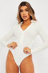 White Plunge Button Front Collar Bodysuit - Isabella
