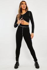 Black Contrast Stitch Split Hem Leggings - Ria