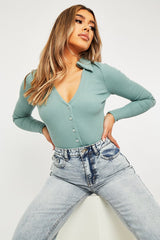 Sage Plunge Button Front Collar Bodysuit - Isabella