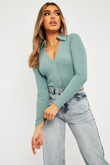 Sage Plunge Button Front Collar Bodysuit - Isabella