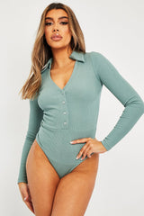 Sage Plunge Button Front Collar Bodysuit - Isabella