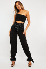 Black Contrast Stitch Ankle Tie Trousers - Neyla