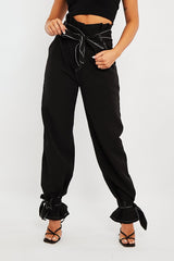 Black Contrast Stitch Ankle Tie Trousers - Neyla