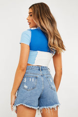 Blue Multi Contrast Stitch Panel Crop Top - Desire