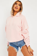 Pink Ruched Sleeve Oversized Hoodie - Dezi