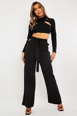 Black Waist Cut Out Wide Leg Trousers - Adela