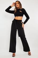Black Waist Cut Out Wide Leg Trousers - Adela