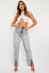 White Ribbed Notch Contrast Stitch Crop Top - Rinnah