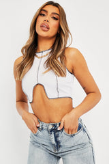 White Ribbed Notch Contrast Stitch Crop Top - Rinnah