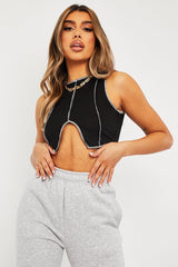 Black Ribbed Notch Contrast Stitch Crop Top - Rinnah