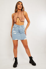 Camel Ribbed Notch Contrast Stitch Crop Top - Rinnah
