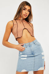 Camel Ribbed Notch Contrast Stitch Crop Top - Rinnah