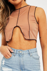 Camel Ribbed Notch Contrast Stitch Crop Top - Rinnah