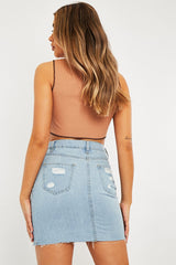 Camel Ribbed Notch Contrast Stitch Crop Top - Rinnah