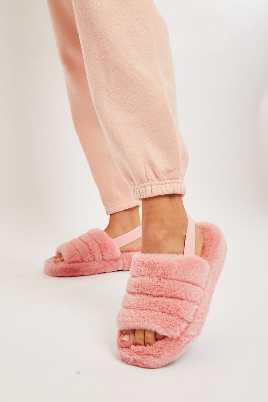 Pink Fluffy Strap Sliders - Naria