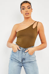 Khaki Ribbed Double Strap One Shoulder Bodysuit - Lavia