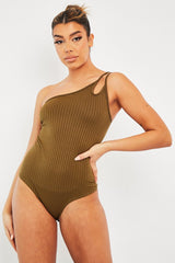 Khaki Ribbed Double Strap One Shoulder Bodysuit - Lavia