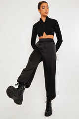 Black Luxe Satin Joggers - Ilona