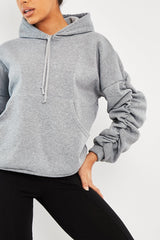 Grey Ruched Sleeve Oversized Hoodie - Dezi