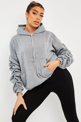 Grey Ruched Sleeve Oversized Hoodie - Dezi