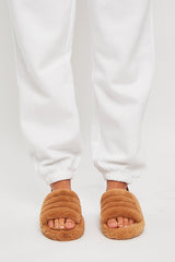 Camel Fluffy Strap Sliders - Naria