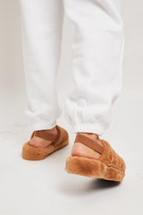 Camel Fluffy Strap Sliders - Naria