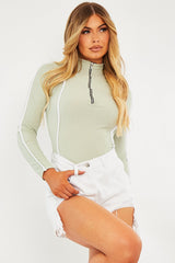 Sage Contrast Piping Zip Front Bodysuit - Betsy