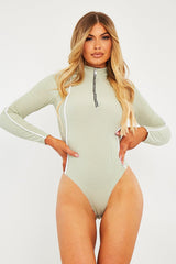 Sage Contrast Piping Zip Front Bodysuit - Betsy