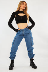 Mid Blue Cargo Cuffed Ankle Denim Jeans - Amarisa