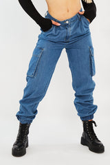Mid Blue Cargo Cuffed Ankle Denim Jeans - Amarisa