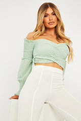 Sage Shirred Wrap Over Bardot Crop Top - Zuri