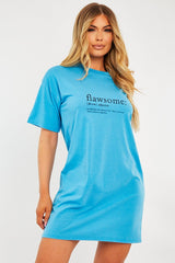 Blue Flawsome Slogan Printed T-shirt Dress - Neita