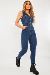 Mid Blue Button Front Skinny Denim Jumpsuit - Francina