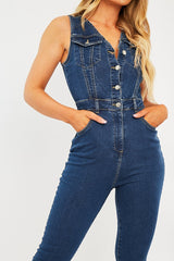 Mid Blue Button Front Skinny Denim Jumpsuit - Francina