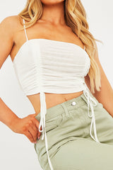 White Mesh Ruched Square Neck Crop Top - Leyna