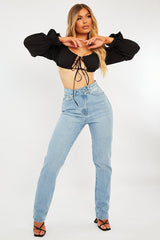 Light Blue Asymmetric Waist Straight Jeans - Galina