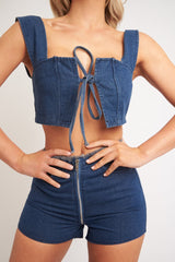 Blue Denim Tie Front Crop Top Frayed Waist Shorts Co-ord - Bria